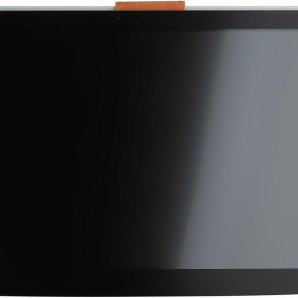 Glossy black display panel with a large gray screen and curved bottom edge.